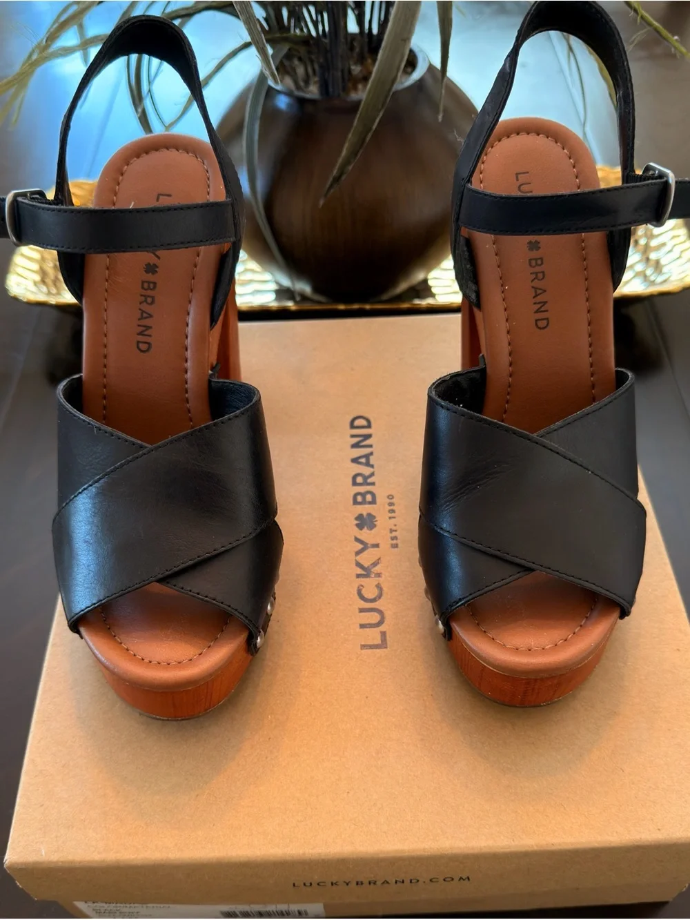 Lucky Brand Black Leather Crisscross Platform Sandals with Wooden Heel